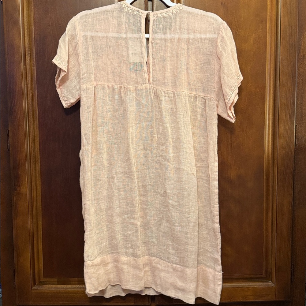 Zara NWT Woman Embroidered Yoke Dress 100% Linen in Sheer Pink Blush size XS. - Picture 3 of 6